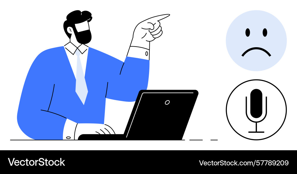 Man gesturing to icons while working on laptop Man gesturing to icons while working on laptop Vector Image