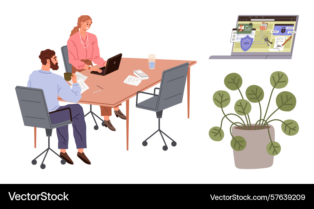 Team in office analyzing data with open laptop Team in office analyzing data with open laptop vector image