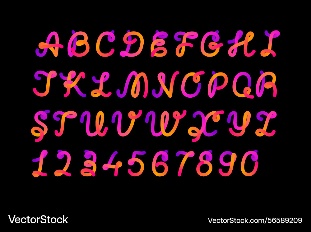 Vivid color font alphabet and 3d numbers cursive Vivid color font alphabet and 3d numbers cursive vector image