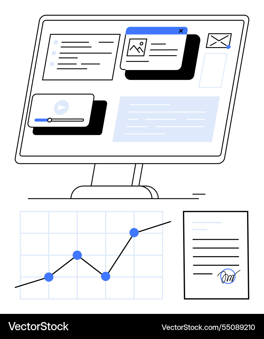 Digital workspace with monitor showcasing Digital workspace with monitor showcasing vector image
