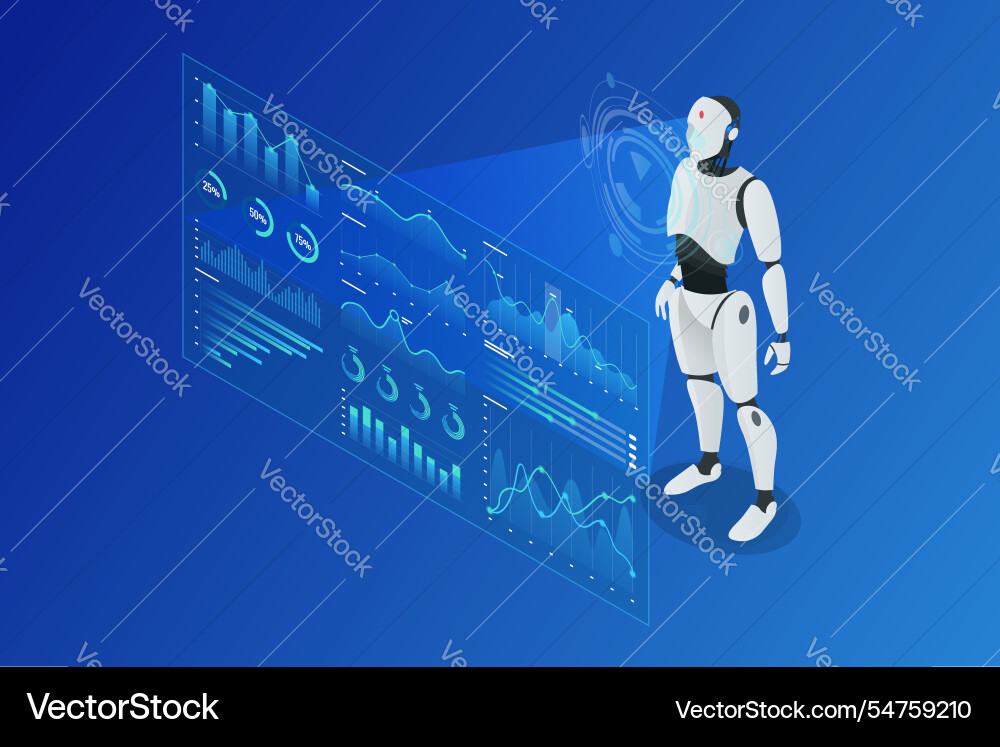 Isometric ai-driven workflow humanoid Isometric ai-driven workflow humanoid vector image