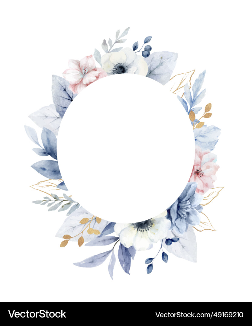 Watercolor dusty blue pink flowers and branches Vector Image