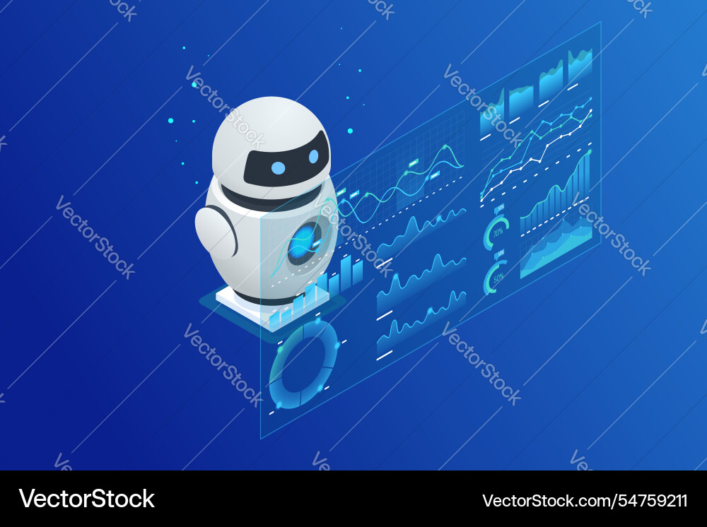 Isometric ai robot interacting with digital Isometric ai robot interacting with digital vector image