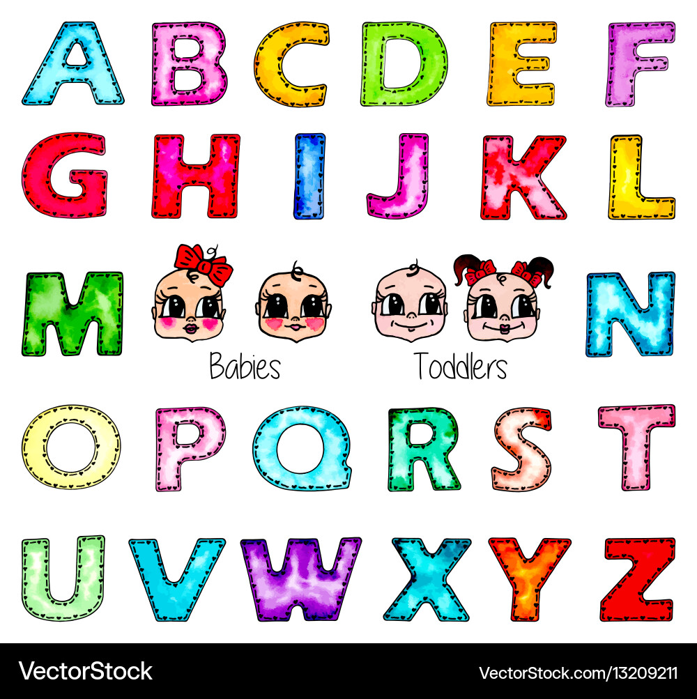Watercolor Kids Alphabet Set - Boy & Girl Faces Vector Image