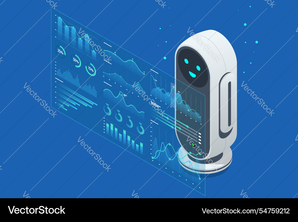 Isometric ai robot interacting with digital Isometric ai robot interacting with digital vector image