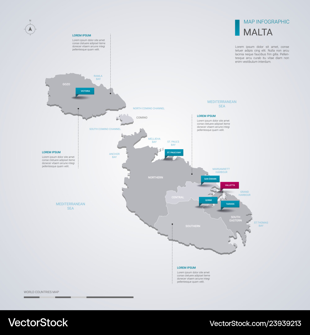 Malta map with infographic elements pointer marks Malta map with infographic elements pointer marks Vector Image