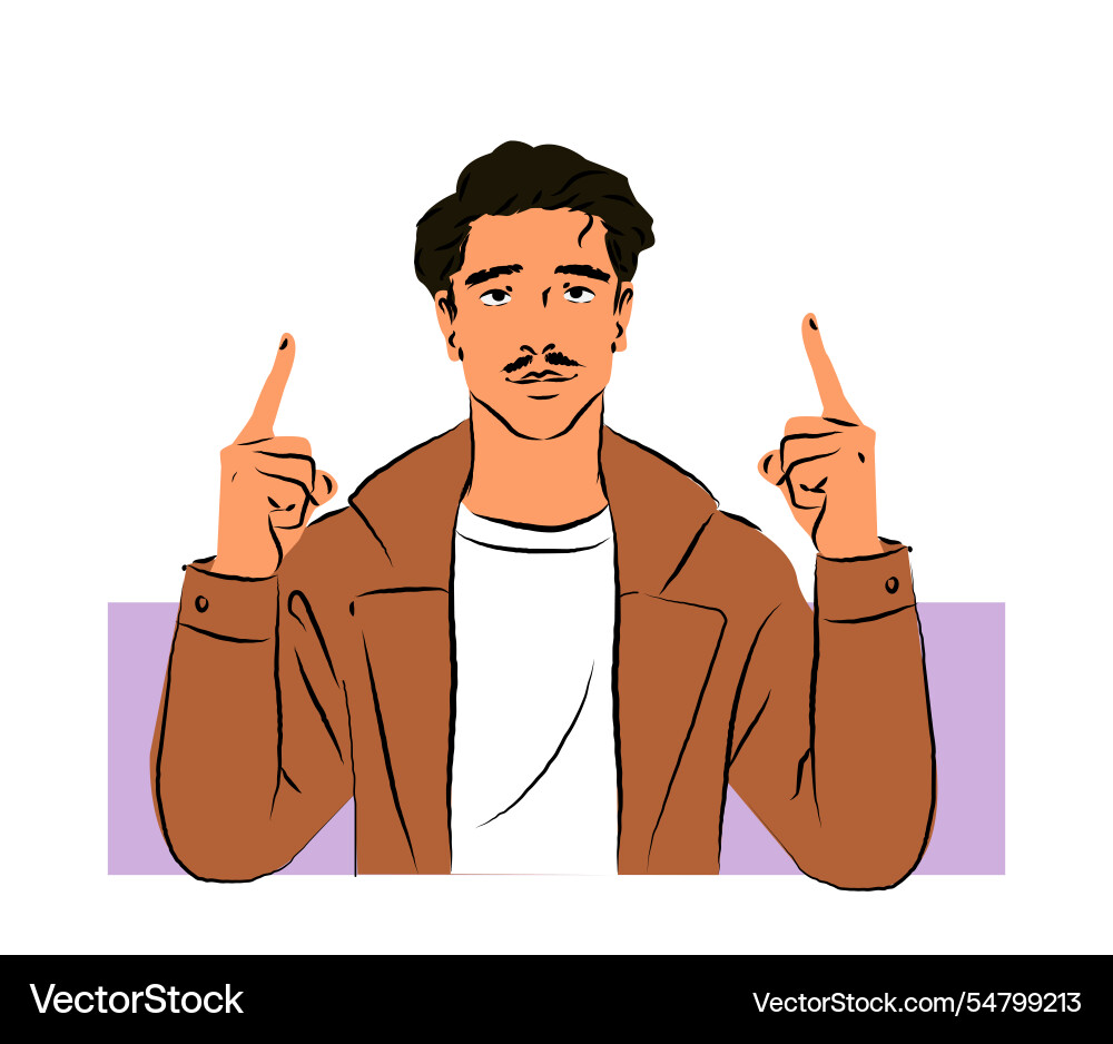 Man in a brown jacket pointing upward with both Man in a brown jacket pointing upward with both vector image