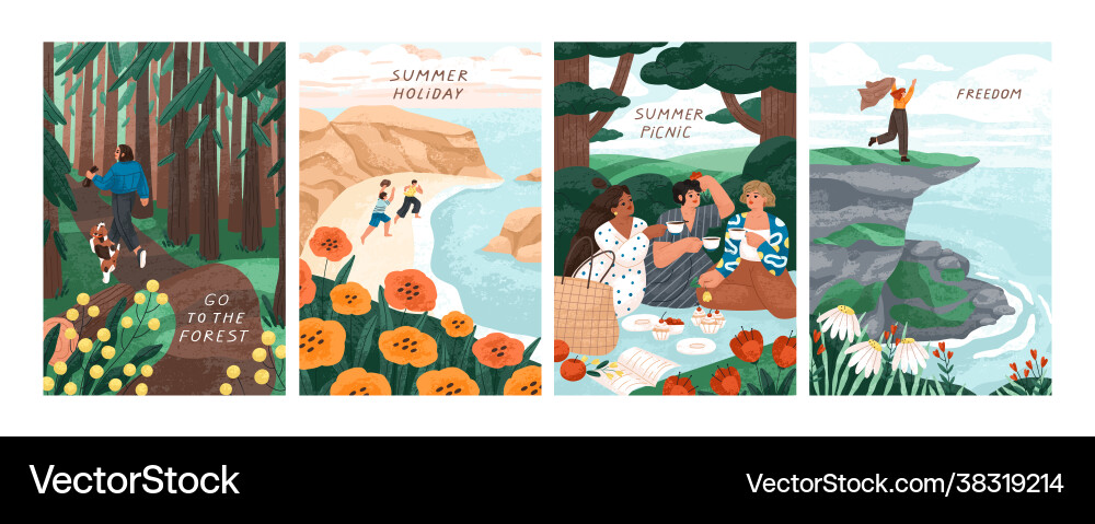 Card set with scenes people at summer holidays Card set with scenes people at summer holidays vector image