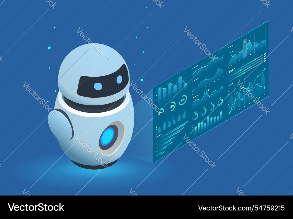 Isometric ai robot assisting a user with data Isometric ai robot assisting a user with data Vector Image