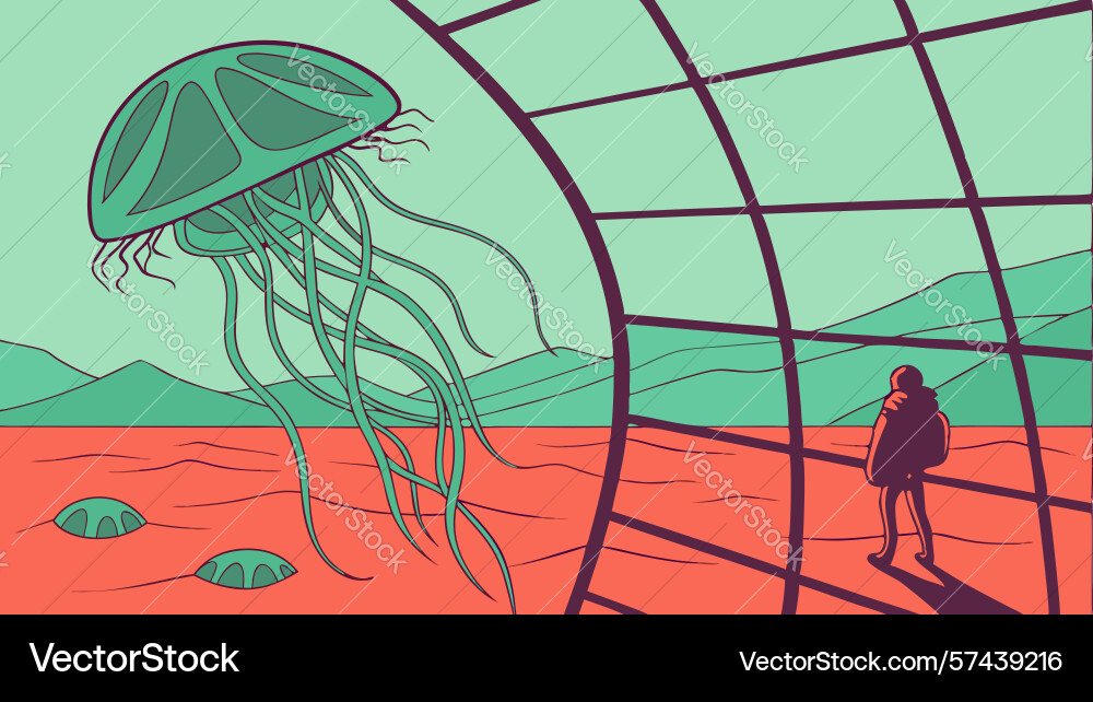 Jellyfish navigating abstract grid with distant vector image