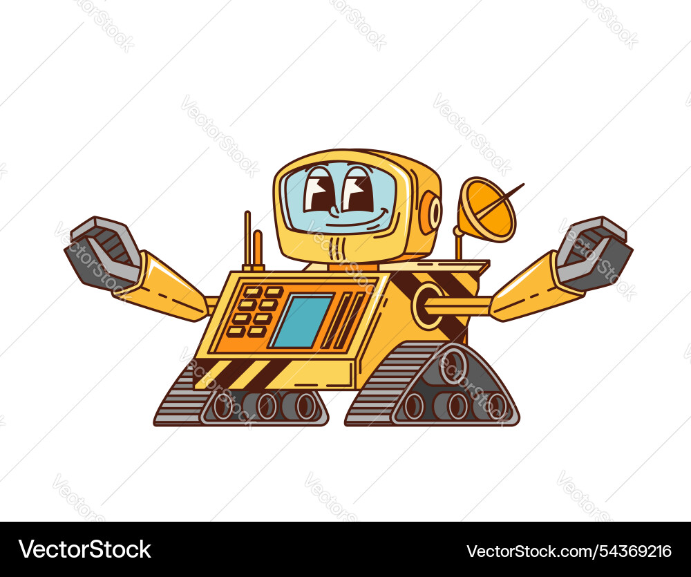 Retro robot groovy cartoon character bot on wheels Retro robot groovy cartoon character bot on wheels Vector Image