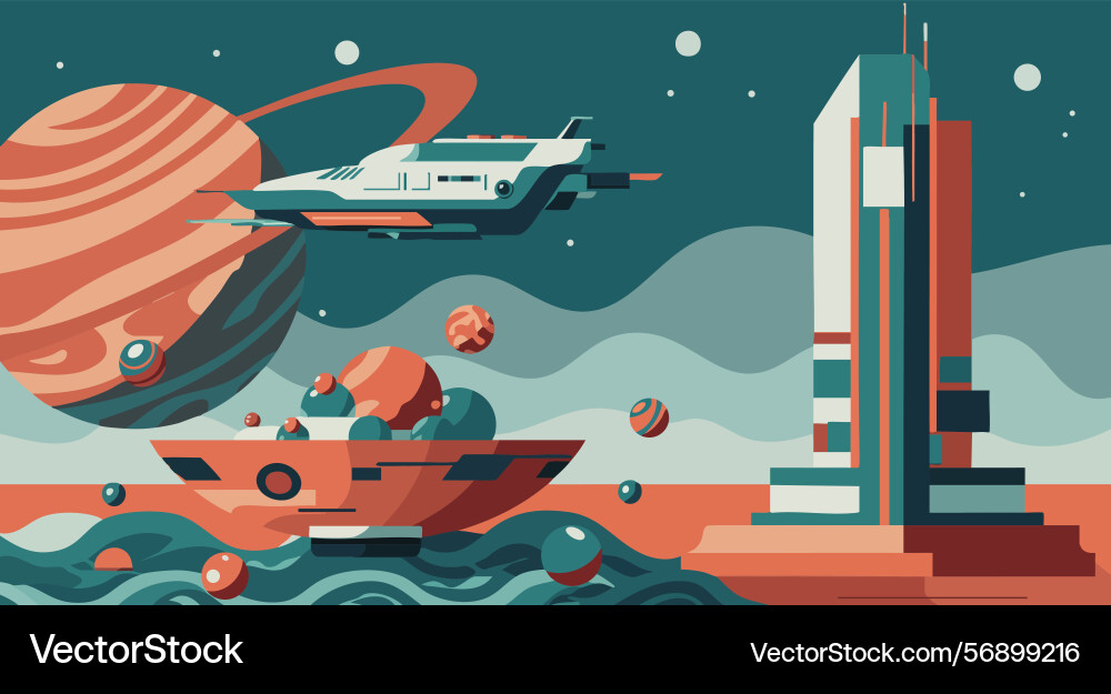 Spacecraft and rocket launchpad with planet Spacecraft and rocket launchpad with planet vector image