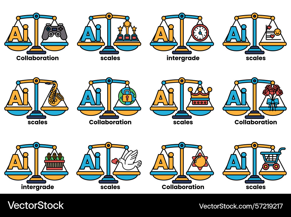 A set of scales with various items on each side A set of scales with various items on each side vector image