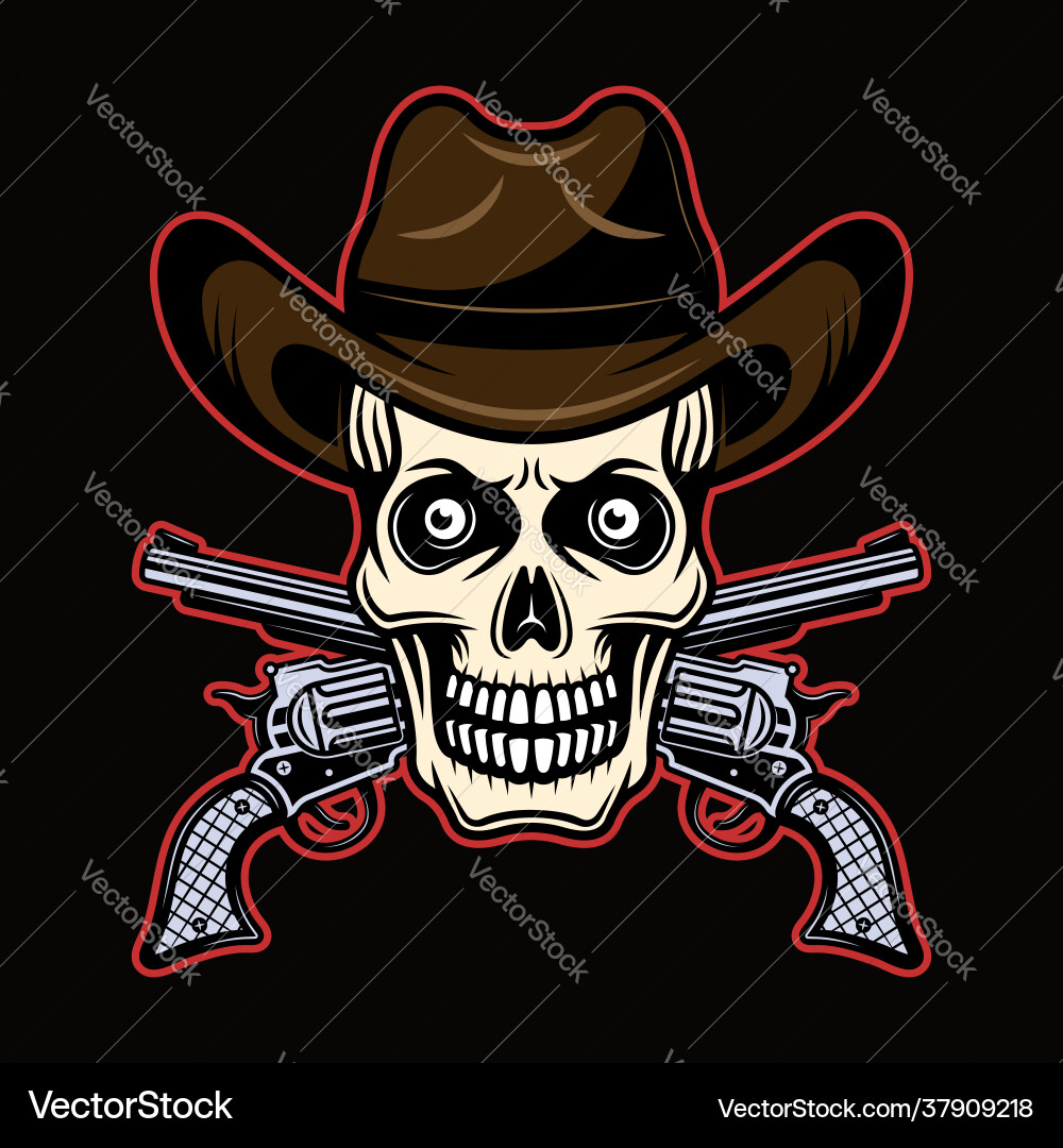 Skull in cowboy hat and two crossed pistols vector image