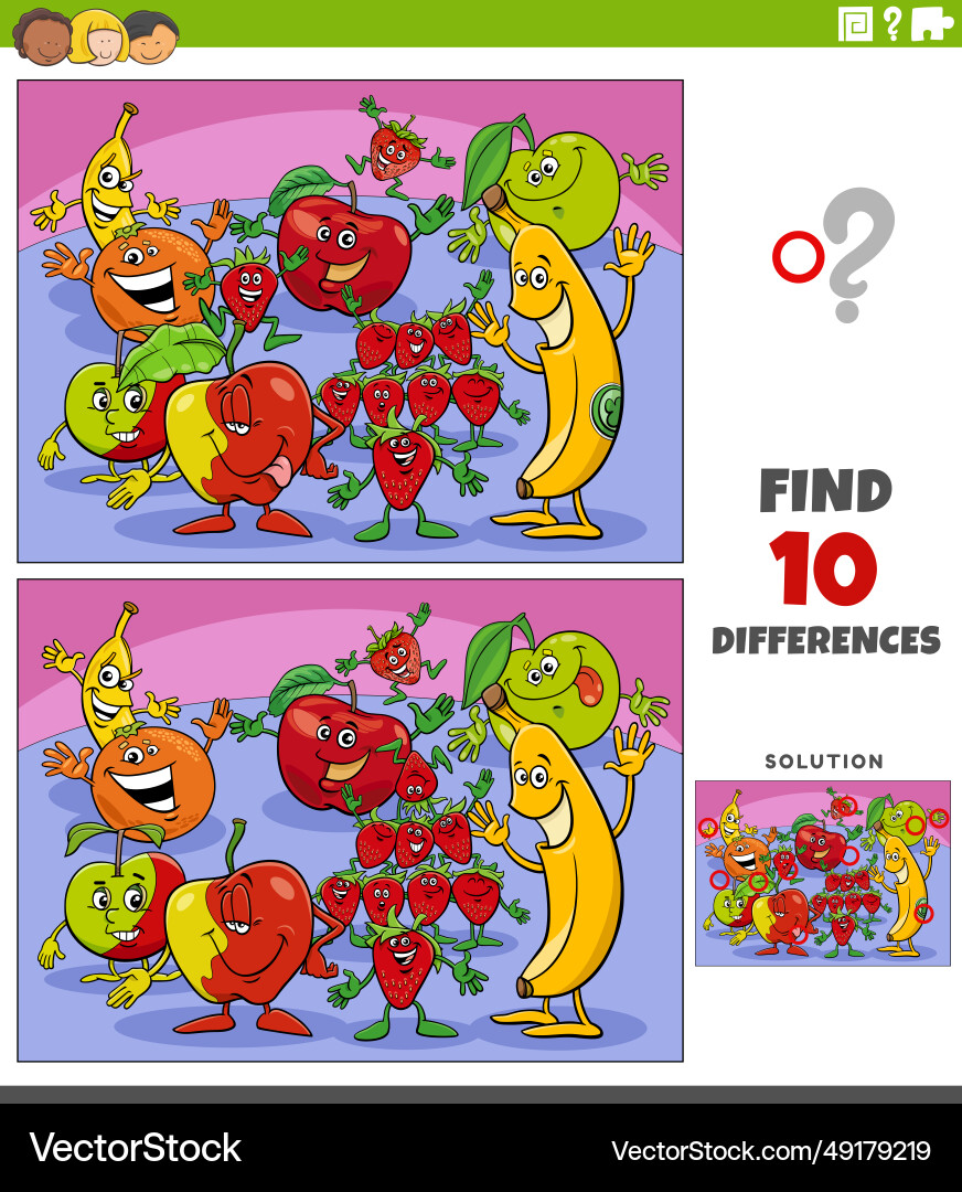 Differences activity with cartoon fruit characters Differences activity with cartoon fruit characters vector image