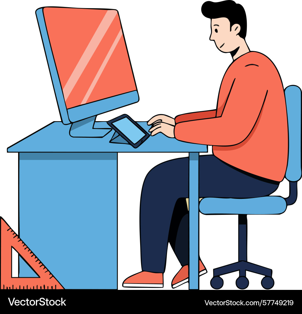 Man working on computer at desk wearing orange Vector Image