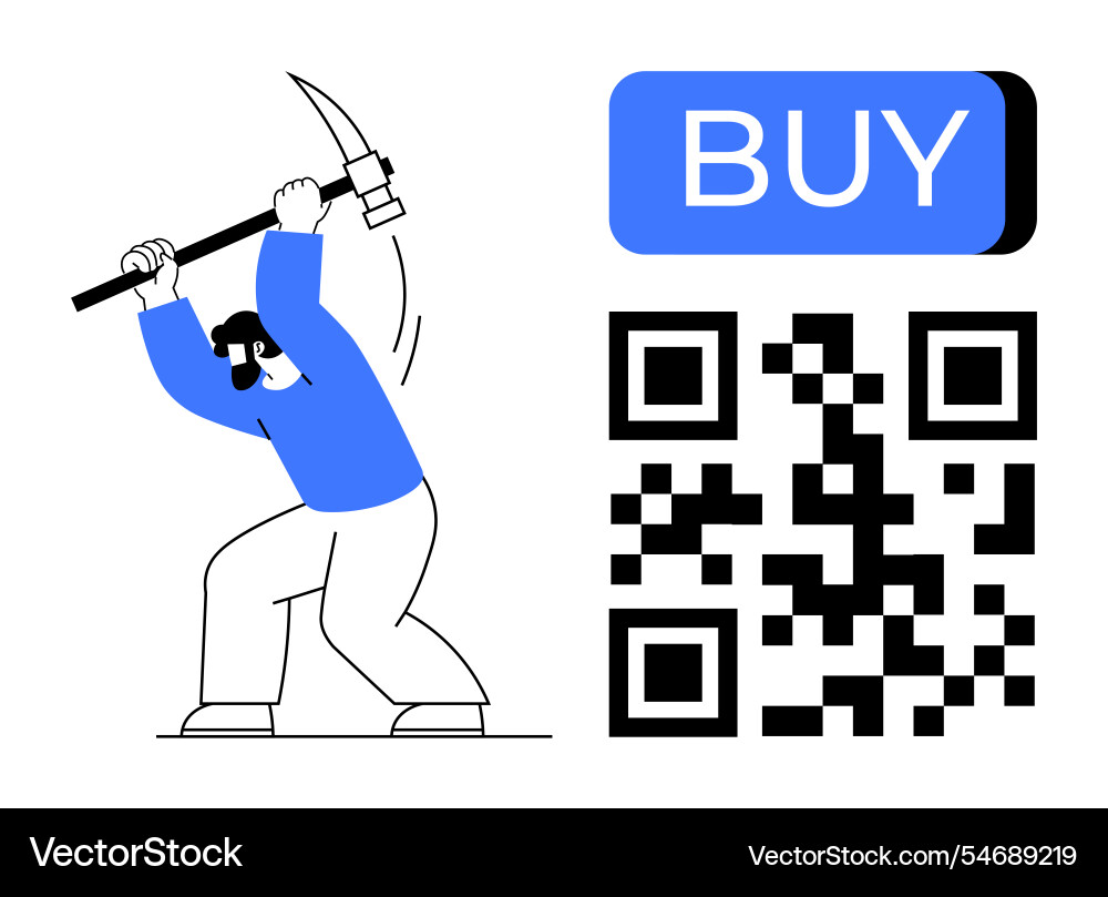 Qr code and cartoon character mining next to buy Qr code and cartoon character mining next to buy vector image
