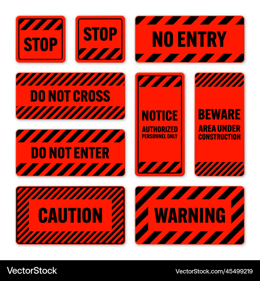 Various black and red warning signs with diagonal vector image