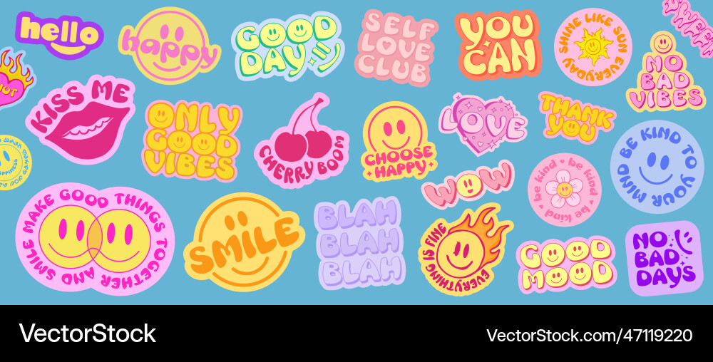 Cool trendy smile stickers pack set of groovy vector image