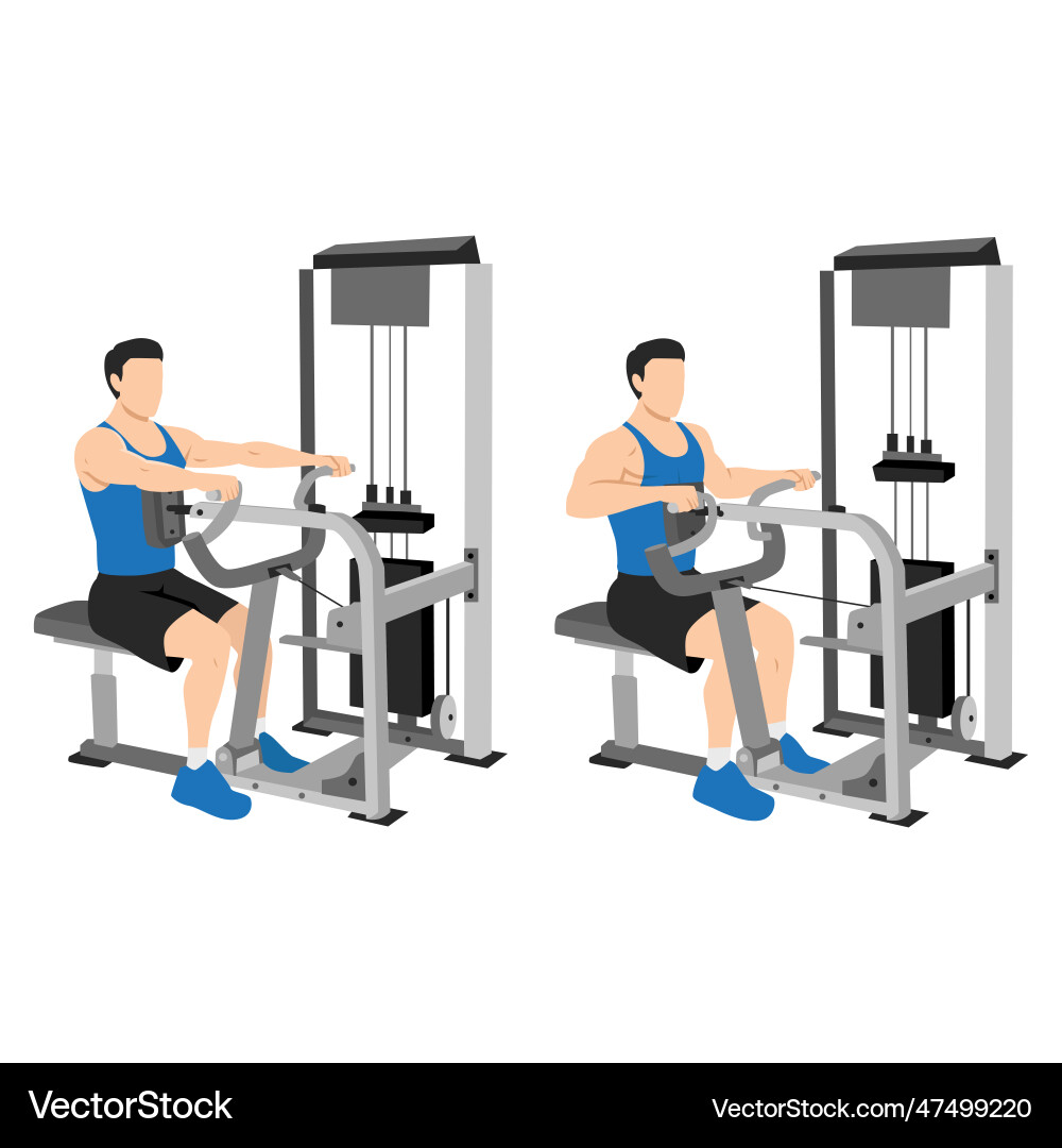 Man doing seated back row machine exercise Man doing seated back row machine exercise vector image