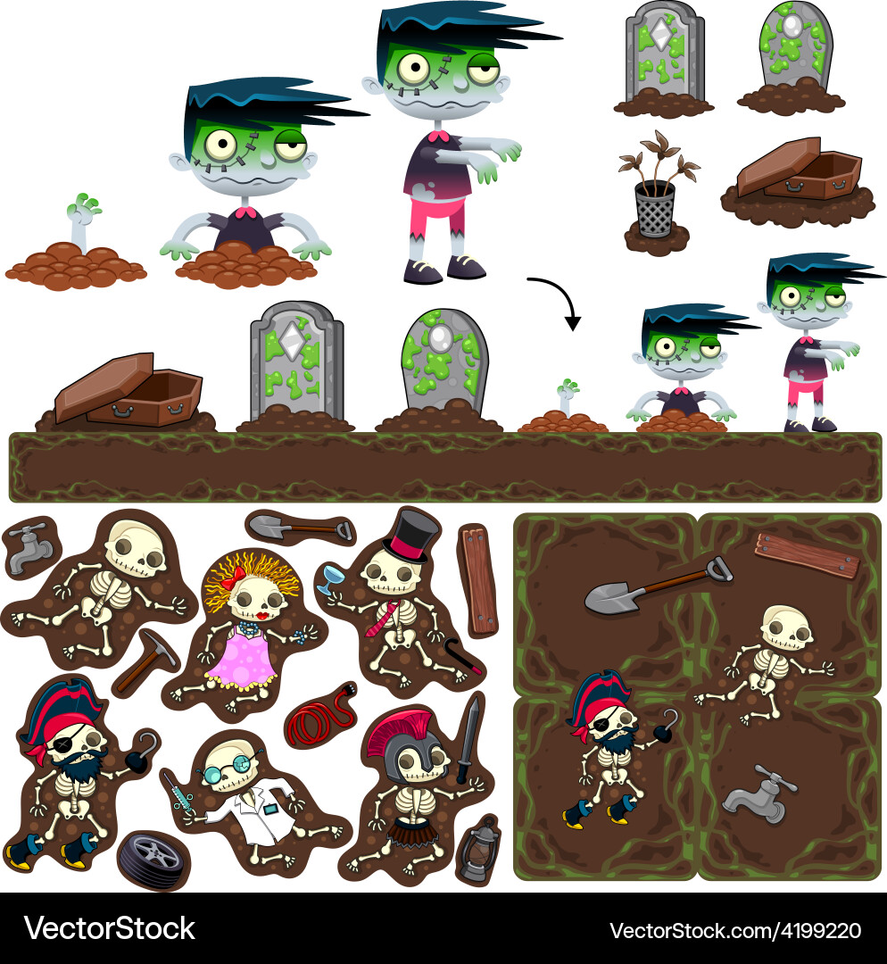 Set of game elements with zombie character vector image