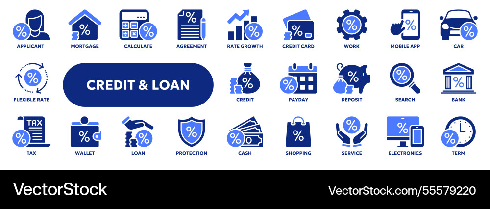 Set of solid icons related to loan bank credit Set of solid icons related to loan bank credit vector image