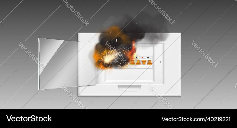 Fuse box in fire short circuit and overload Fuse box in fire short circuit and overload Vector Image
