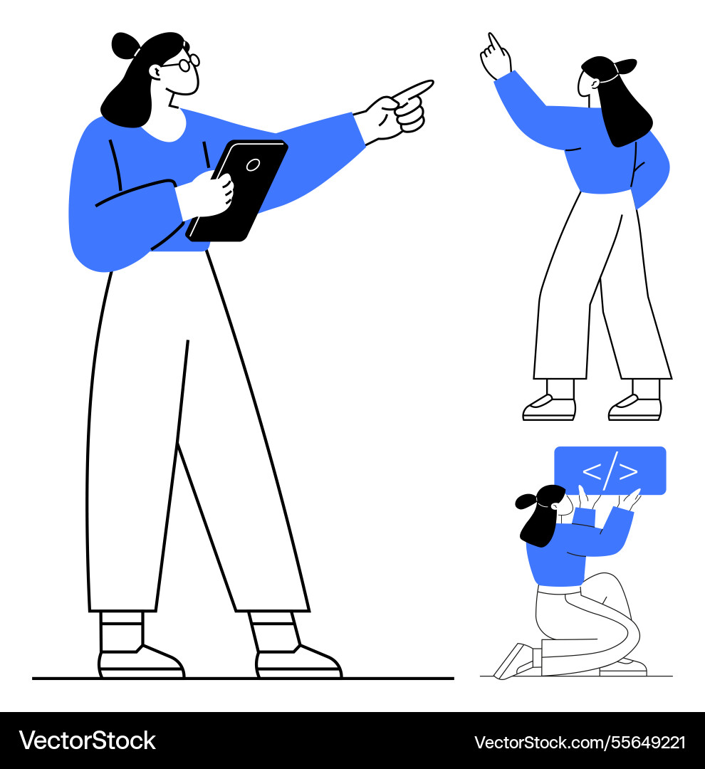 Woman collaborating coding and pointing during Woman collaborating coding and pointing during vector image