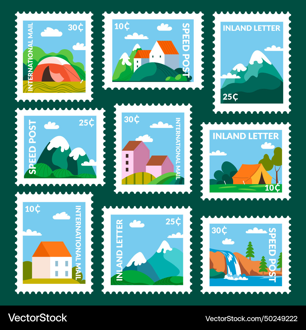 Post mark design set with cartoon nature landscape Post mark design set with cartoon nature landscape vector image