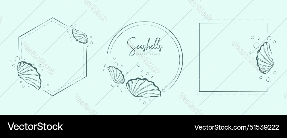 Set of hand drawn line art frames with shells Set of hand drawn line art frames with shells vector image