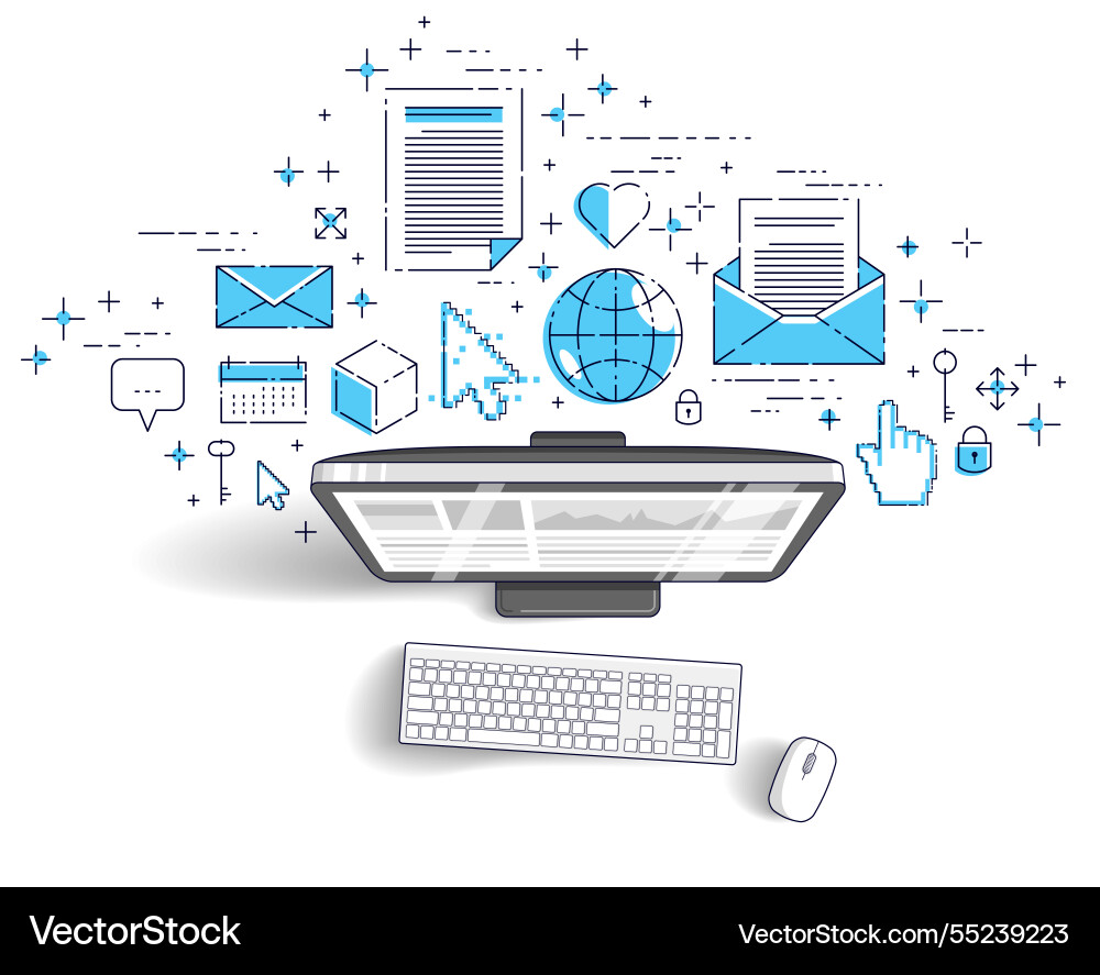 Computer with statistics infographics and set Computer with statistics infographics and set Vector Image