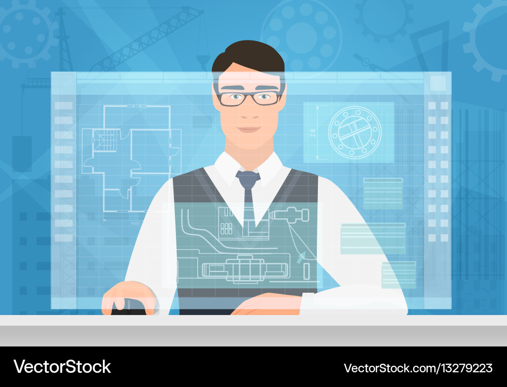 Engineer man working using virtual media interface vector image
