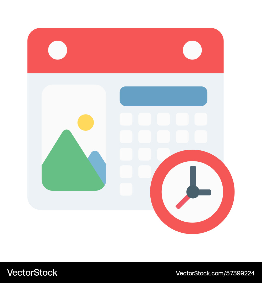 Red calendar icon with clock and landscape image Vector Image