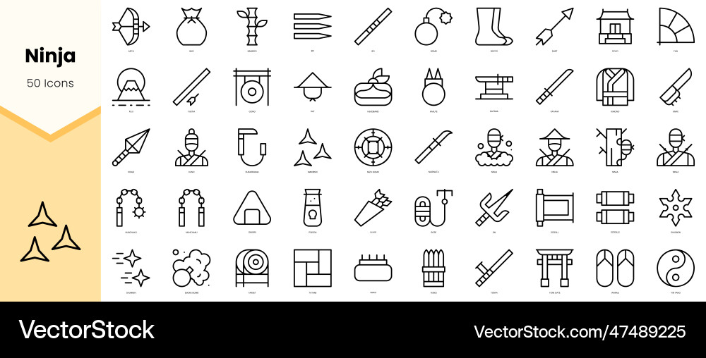 Set of ninja icons simple line art style Set of ninja icons simple line art style vector image