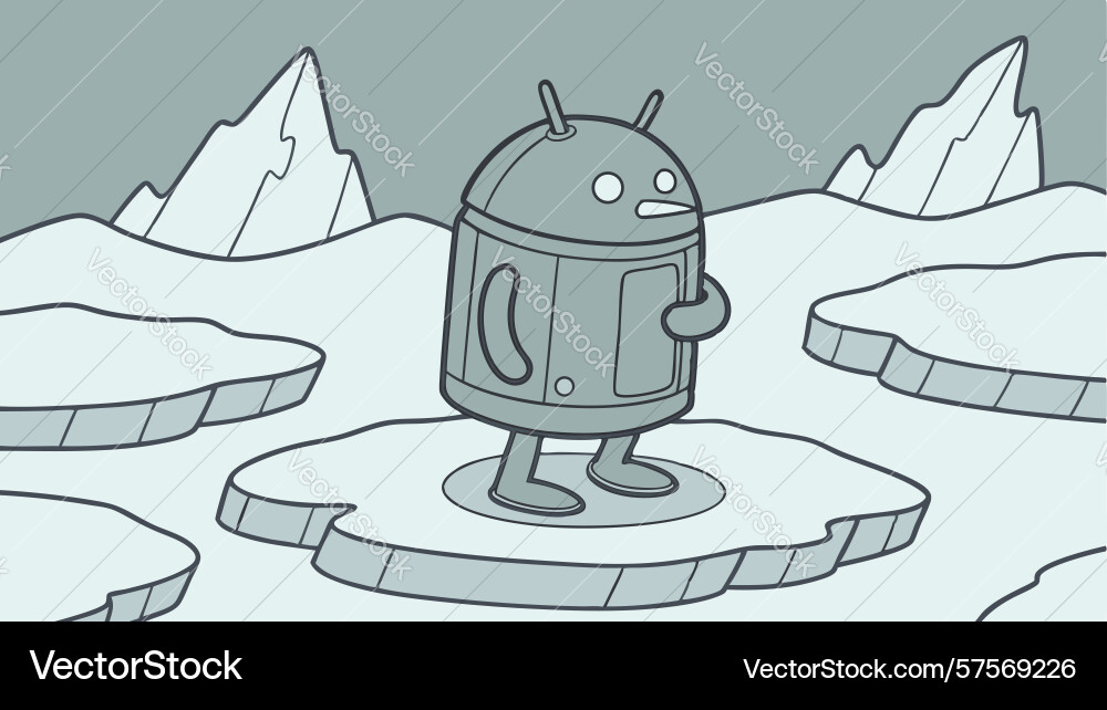 Android robot on icy terrain with distant vector image