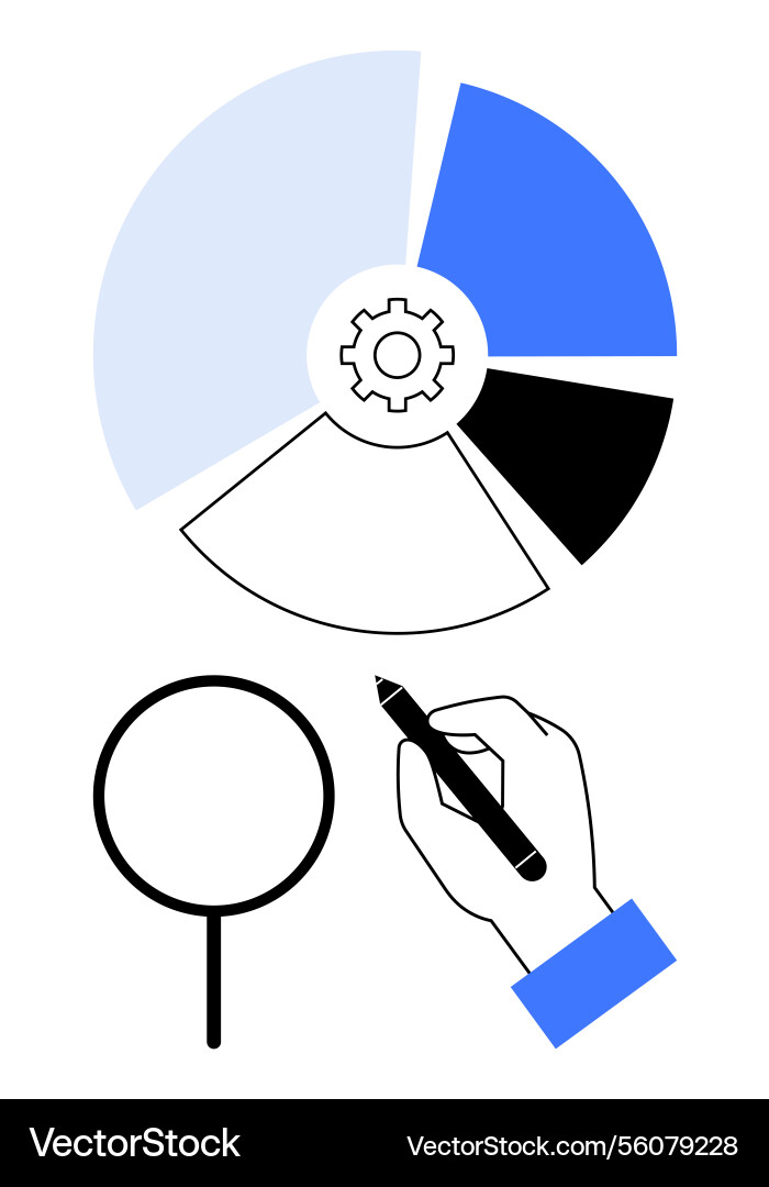 Data-driven analysis with pie chart magnifying Data-driven analysis with pie chart magnifying vector image