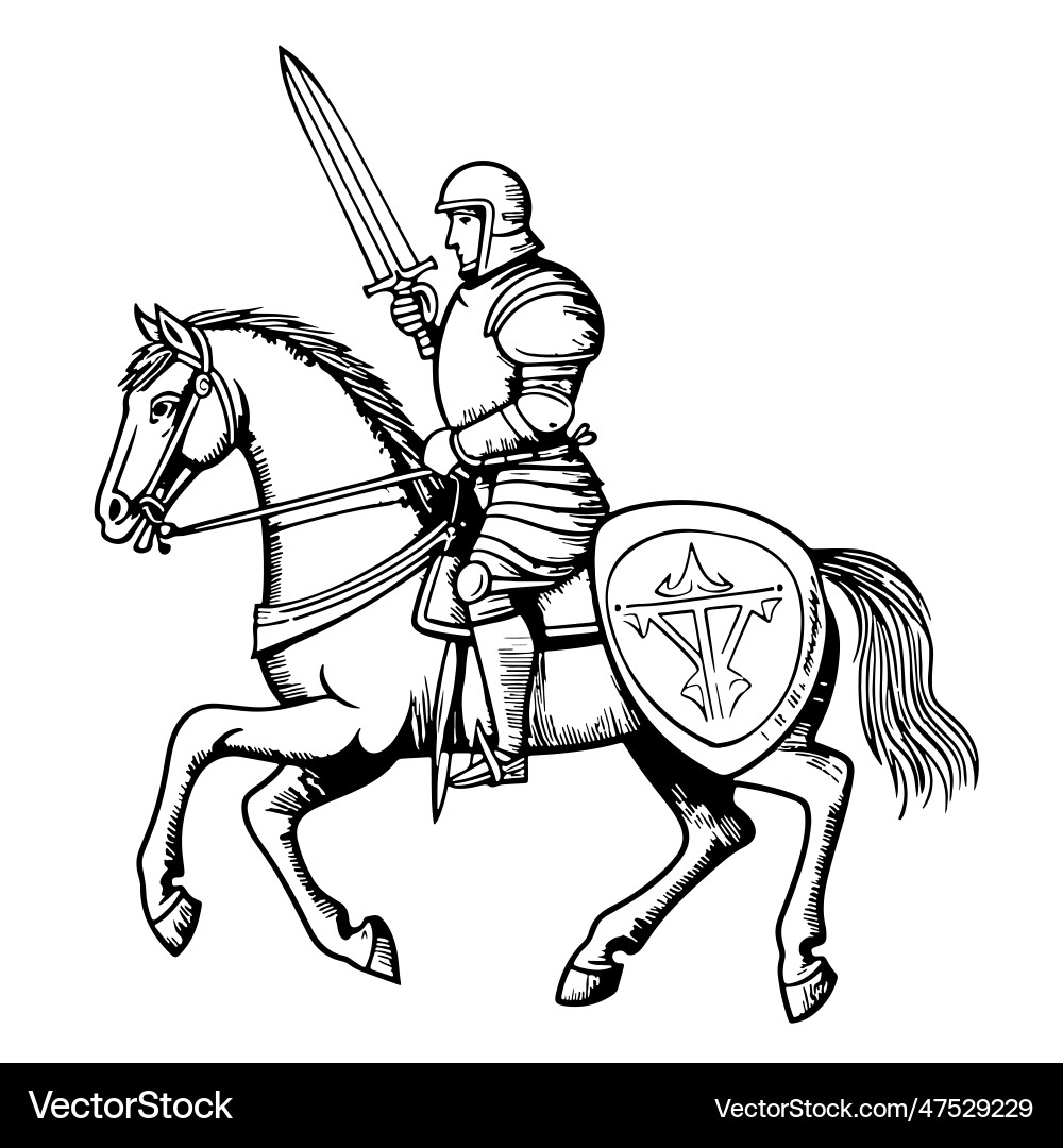 Knight with sword on horseback hand drawn sketch Knight with sword on horseback hand drawn sketch Vector Image