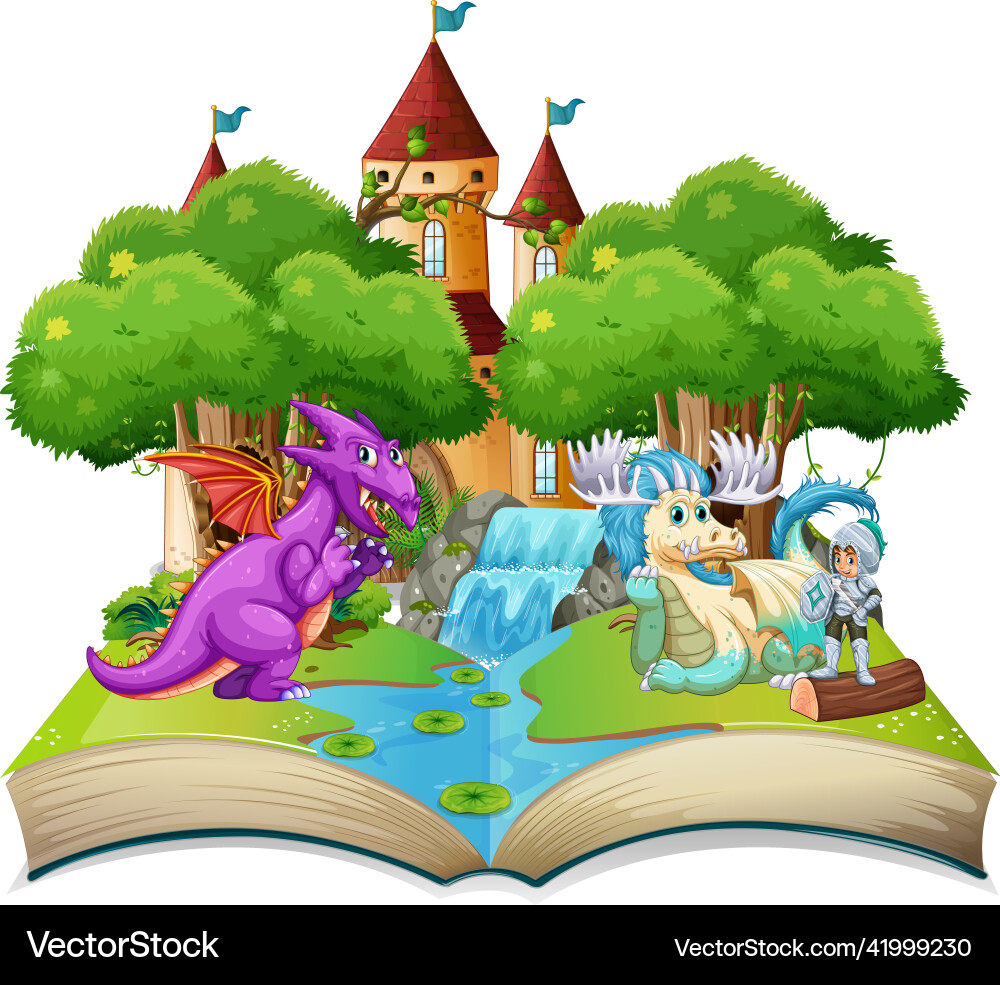 Book with scene of dragons and knight by castle Book with scene of dragons and knight by castle vector image