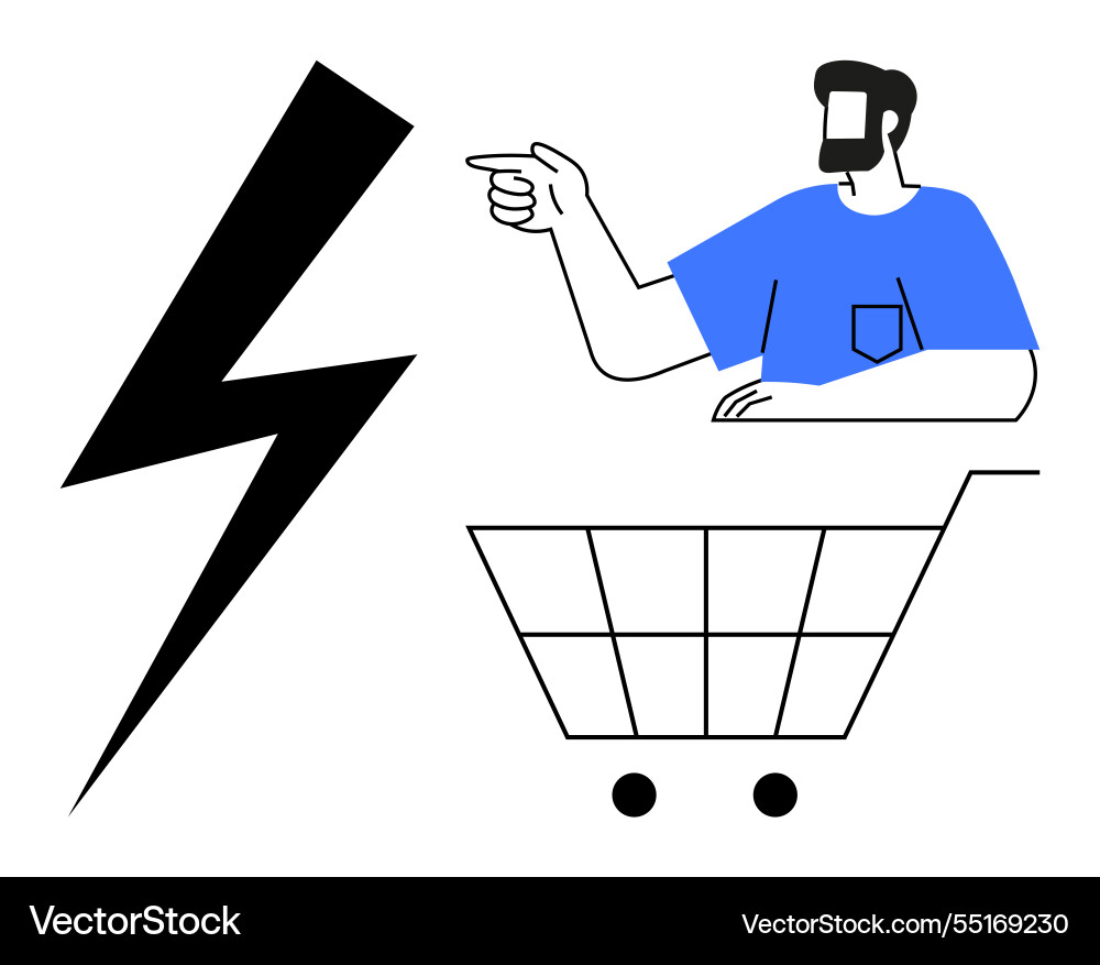 Man pointing with lightning bolt and shopping cart Vector Image