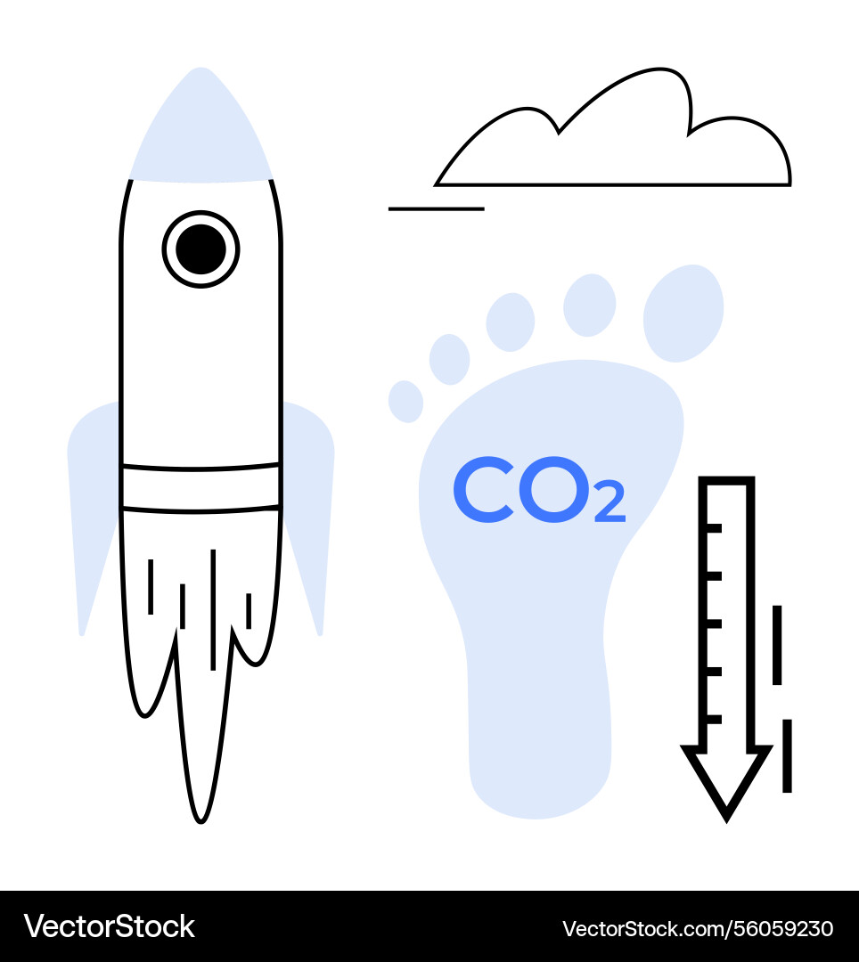Rocket and co2 footprint with arrow signifying Rocket and co2 footprint with arrow signifying vector image