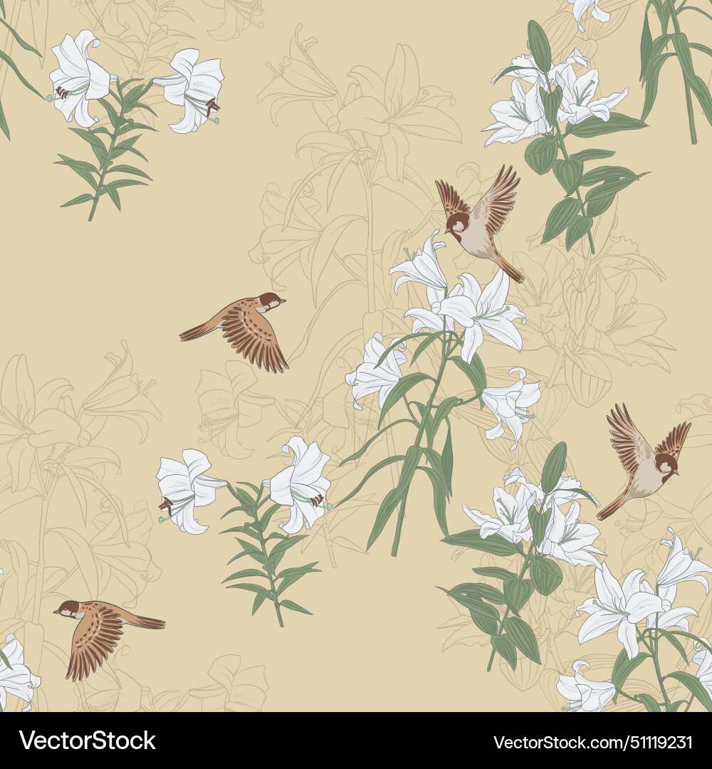 Seamless pattern with flowers and birds Royalty Free Vector