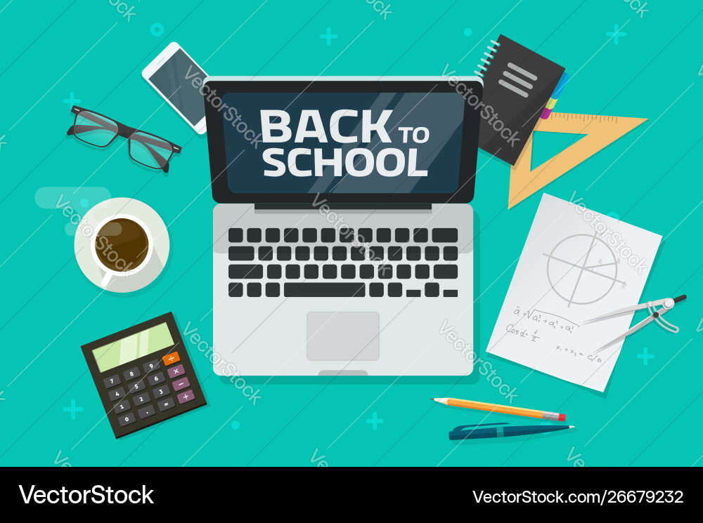 Back to school text on laptop computer and desktop Back to school text on laptop computer and desktop vector image