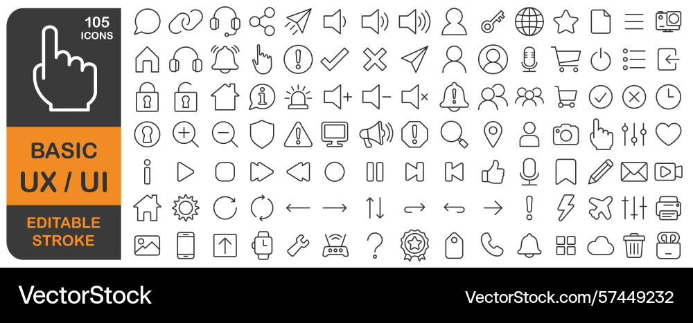 Basic ux ui editable stroke line icons set thin l Basic ux ui editable stroke line icons set thin l vector image
