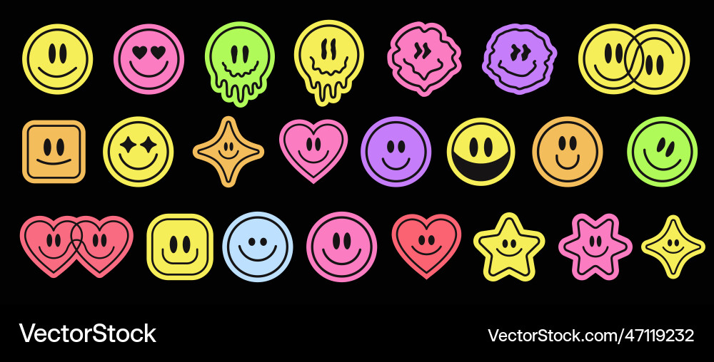 Cool trendy smile stickers pack set of groovy Cool trendy smile stickers pack set of groovy vector image