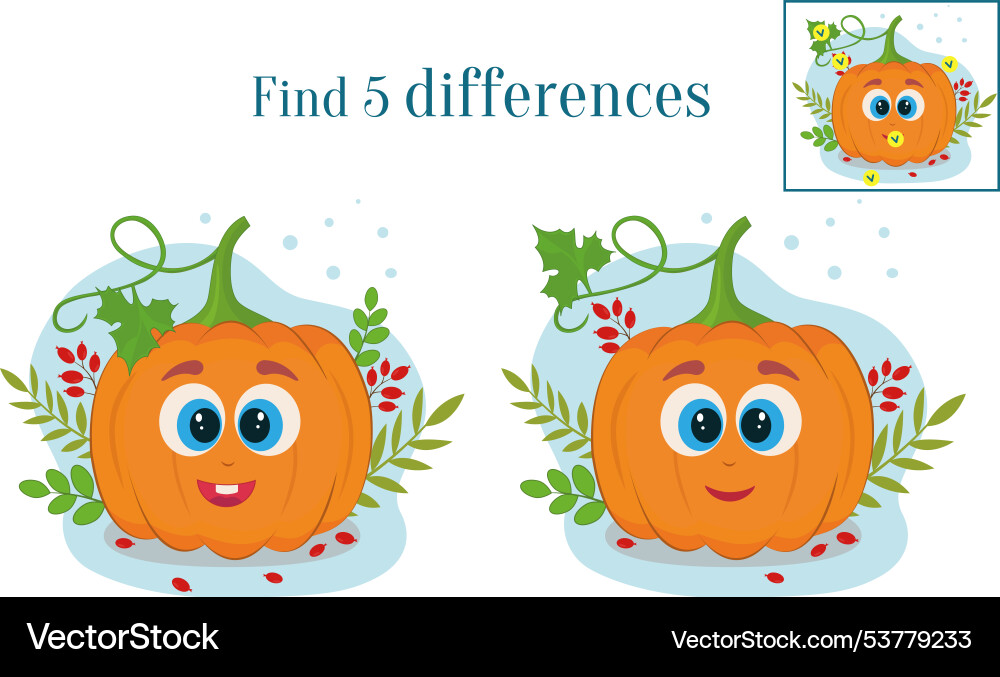 Find 5 differences between two images of a pumpkin Find 5 differences between two images of a pumpkin vector image