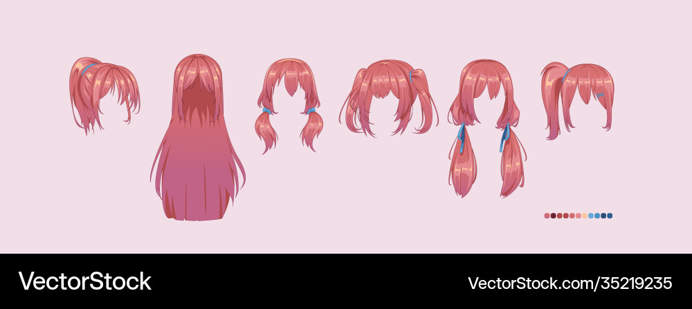 Anime Pink Hair Styles - Diverse Set vektorbild