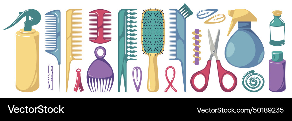 Cartoon comb hairbrush and hair styling tools Cartoon comb hairbrush and hair styling tools vector image