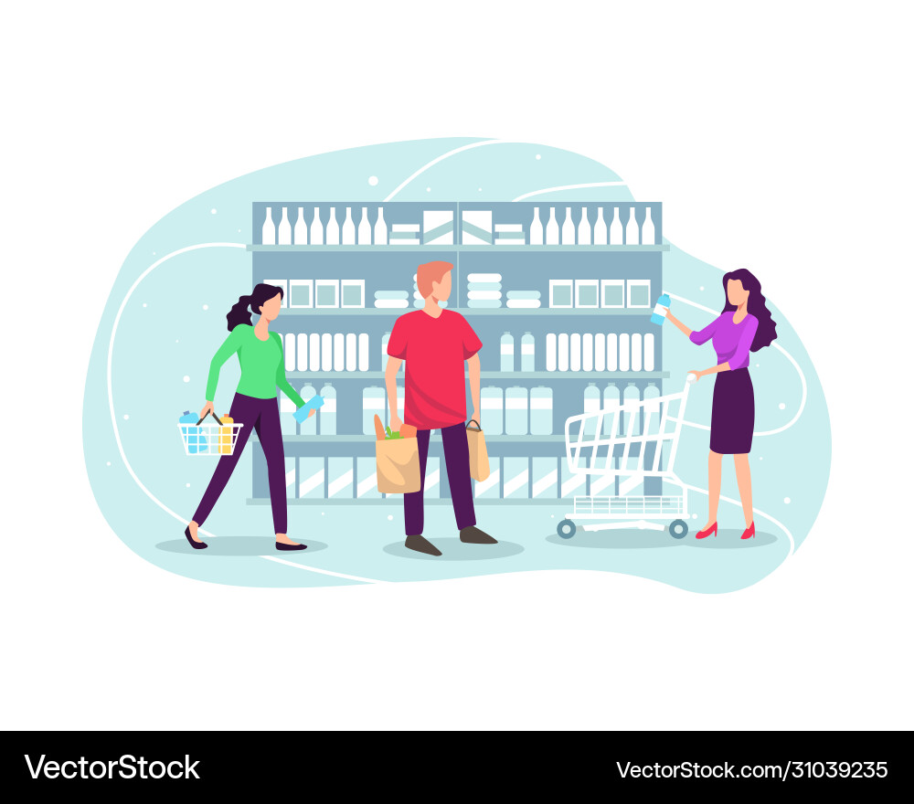 Menschen Einkaufen im Supermarkt und Kauf Produkt Menschen Einkaufen im Supermarkt und Kauf Produkt vektorbild