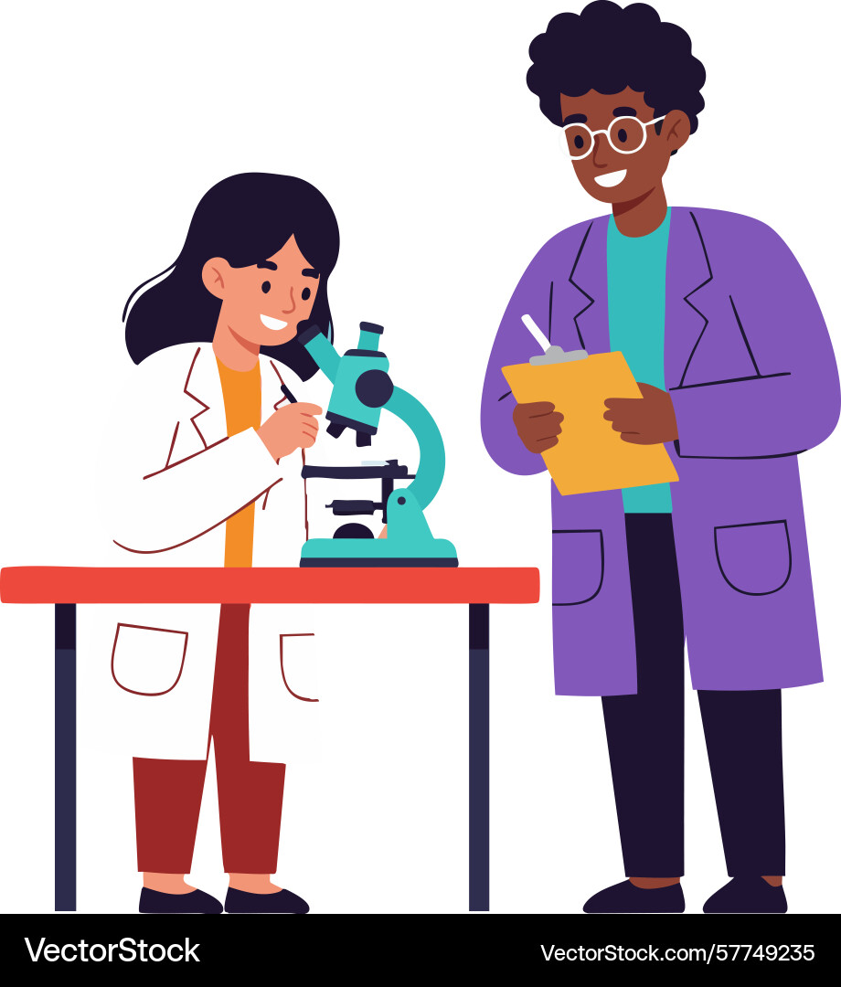 Two scientists studying through microscope Two scientists studying through microscope vector image