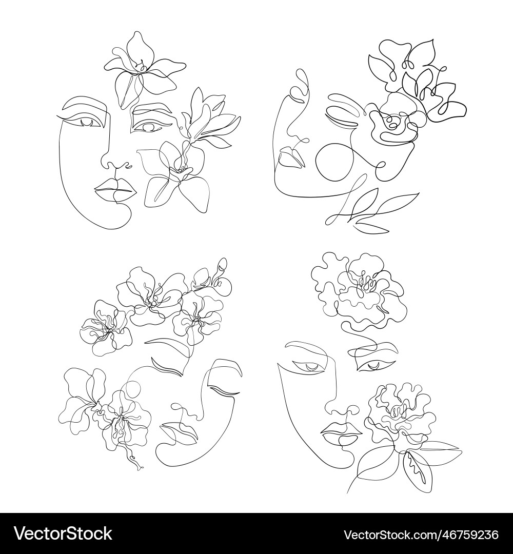Female faces line art with sakura camellia Vector Image